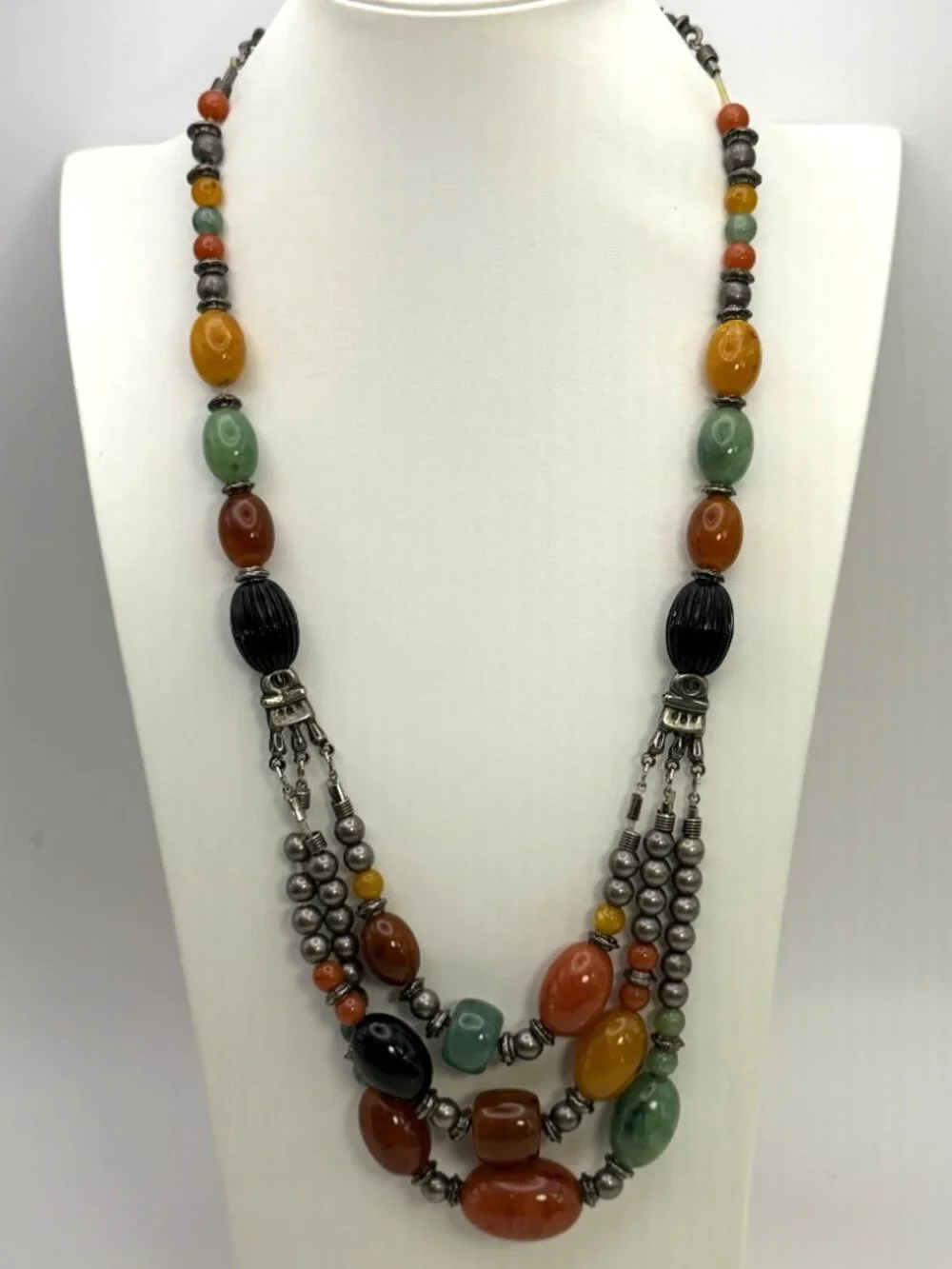 Vintage Chunky Resin Bead Necklace Multi Strand Orange Green Silver Tone 124g